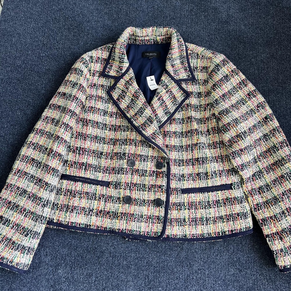 Talbots Blazer Jacket Womens 14 Multicolor Tweed‎ Double Breasted Short Cropped